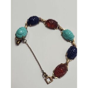 Vintage Multi-Color Scarab Link Bracelet - Turquoise, Navy & Amber Color